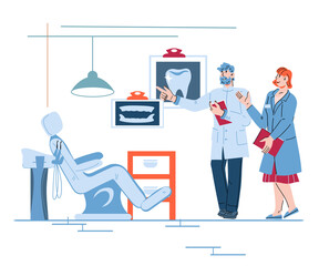 Friendly dental clinic staff welcoming patients, cartoon vector illustration isolated on white background. Smiling dentists in dentistry or  dental office.