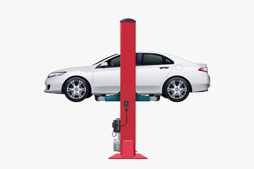 white vehicle on car lift side view - 418401370