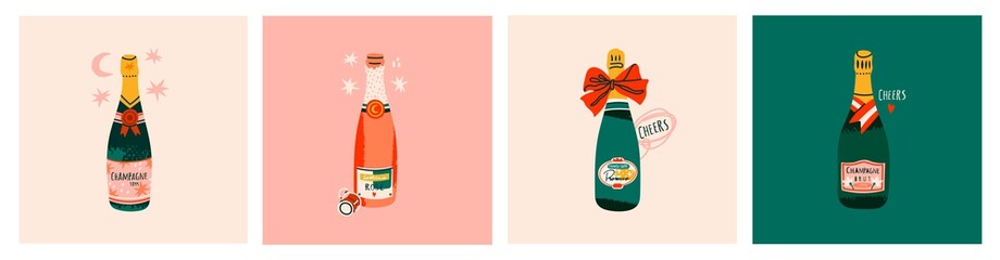 Various Bottles. Different shapes and colors of bottles. Champagne, Prosecco, Rose, Brut Sparkling wines. Hand drawn colorful Vector illustrations. Celebration concept. Every card is isolated © Dariia