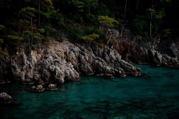 great view of rocky cliff with green pine trees and turquoise colored water.