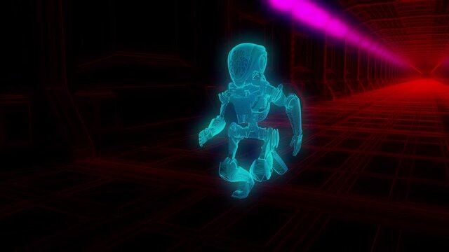 Seamless animation of a robot running in a spaceship interior. Funny futuristic sci-fi background.
