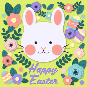 Cute Happy Easter square card papercut effect with a bunny and flowers