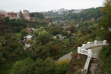 Panorama of the canyon of the Smotrych River from the observation deck in the city of Kamenets-Podolsky