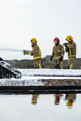 Military Airbase Fire Firefighters tackle a raging blaze on an airbase as part of military training...