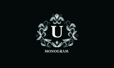 Design for invitations, menus, labels. Wedding monogram with the letter U or two letters. The logo is identical for a restaurant, hotel, heraldry, jewelry.