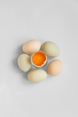 Opened egg with visible yolk in the middle around full eggs, easter card