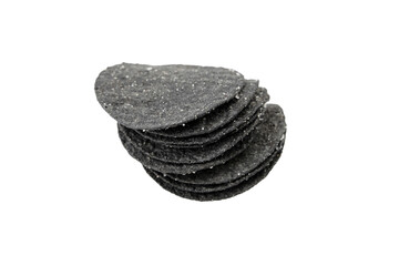 Black potato chips isolated on white background