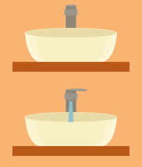 Modern minimalist faucet and sink. The tap is switched off and on. Washbasin. Bathroom in beige tones. Flat vector illustration