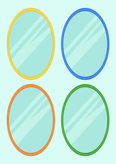 Set of oval mirrors in different colors: yellow, blue, green, orange. Flat vector illustration