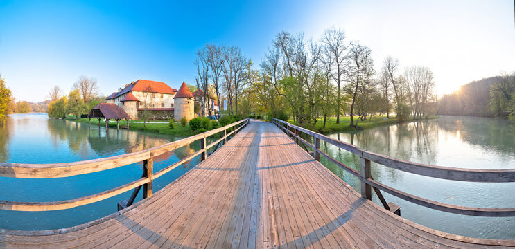 Otocec island and old town on Krka river panoramic view