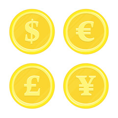 World currency icons Dollar, Euro, Yen and Pound sterling. Currency Gold Coins. Business, finance or currency exchange concept. Vector illustration in modern flat style.