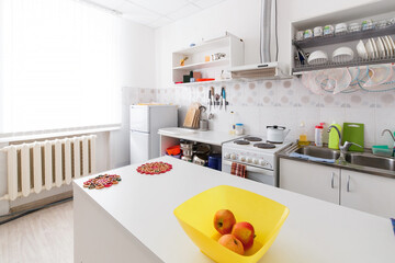Small Kitchen Interior in Kindergarten with Apple Fruits.