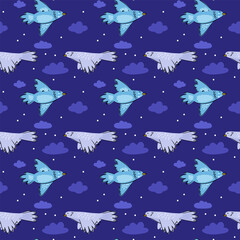 Illustration of seamless pattern birds and clouds.