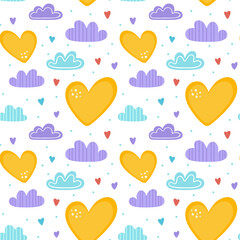 Seamless pattern with clouds and hearts.
