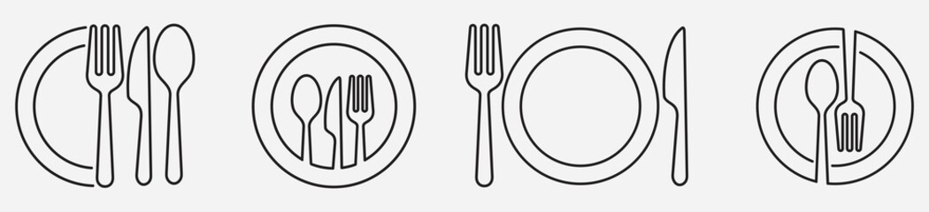 spoon, Fork, knife and plate icon set in line, menu logo, Silhouette of cutlery. Tableware Vector illustration - obrazy, fototapety, plakaty