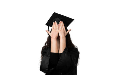 Graduate girl with master degree in black graduation robe and cap on white background. Happy young woman careerist have success in her business.