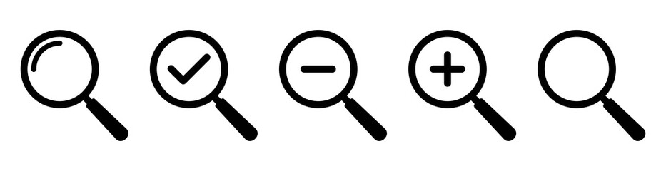 Magnifying glass icon set. magnifier or loupe sign isolated on white, Search symbol. Vector illustration
