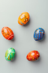 Easter eggs on a gray background. Copy space
