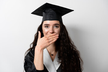 Distance learning online. Study at home. Graduation from college. Graduate in black robe smile on white background. Funny woman smiling after successful finish university and complete master degree