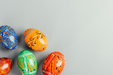 Easter eggs on a gray background. Copy space