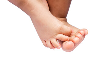 selective focus at child's feet on white background