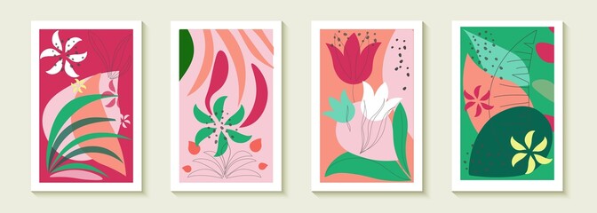 Vector set of abstract spring backgrounds with lettering space. bright banners, posters, cover design templates, wallpapers in social networks with spring leaves and flowers