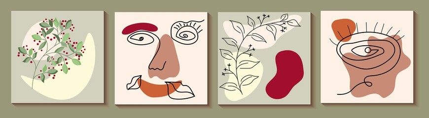 Set of Various Surreal faces. Face line art. Face drawing. Contemporary portrait. Round elements, abstract shapes, lines, floral, leaves, flowers. Hand drawn Vector illustrations. Minimalistic style
