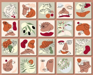 Set of Various Surreal faces. Face line art. Face drawing. Contemporary portrait. Round elements, abstract shapes, lines, floral, leaves, flowers. Hand drawn Vector illustrations. Minimalistic style