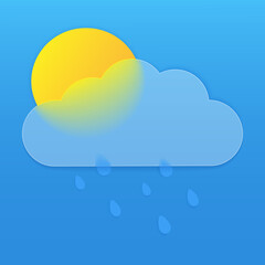 Vector drawing. Weather icon with cloud in style glass morphism sun and raindrops on blue background.