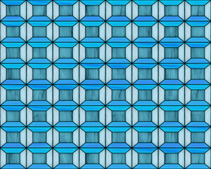 Illustration of geometric pattern and stained glass style in blue colors, background and texture