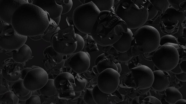 Black futuristic skulls, movement on a minimalistic background. 3d animation. The grid. The concept of death and horror. A bunch of skulls is a stunning Halloween horror picture