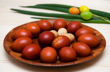 natural eggs on a plate decorating eggs with my own hand for easter
