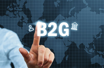 B2G concept. Business to government on abstract graphic display with world map