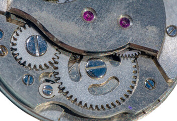 Vintage watch machine macro detail. Close up of old clock.