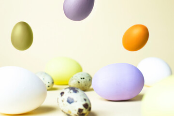 Levitating eggs. Food in levitation. Easter colorful eggs.