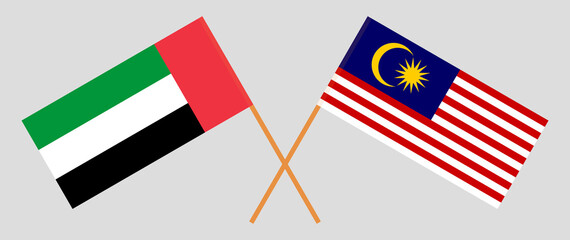 Crossed flags of the United Arab Emirates and Malaysia. Official colors. Correct proportion