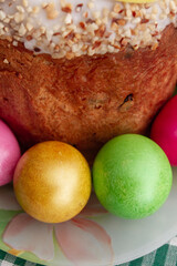 Easter cake and Easter bright colored eggs are on the plate