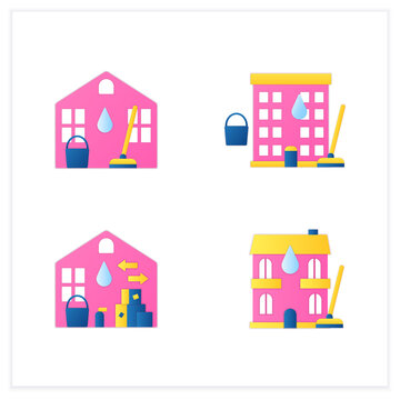 Cleaning Services Flat Icons Set.Consists Of House, Residential And Move Out Cleaning, Apartment. Cleanup Concepts.3d Vector Illustrations