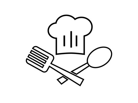 Chef emblem with toque and spoon isolated on a white background. Vector stock  illustration for card or banner