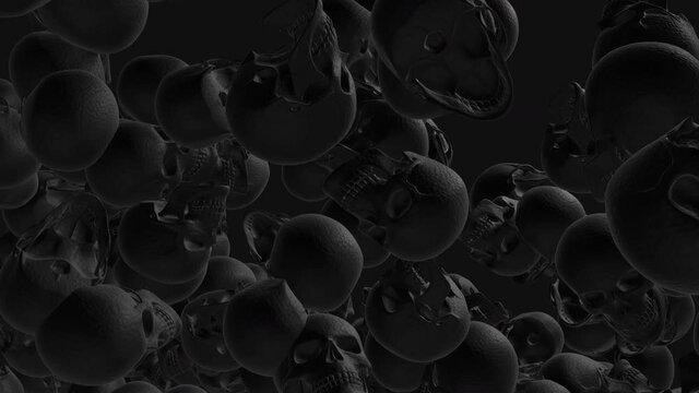 Black futuristic skulls, movement on a minimalistic background. 3d animation. The grid. The concept of death and horror. A bunch of skulls is a stunning Halloween horror picture