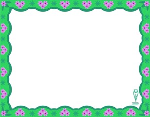 Colored green frame with flowers and leaves along the contour with a bulge effect for postcards and photos