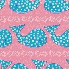 Vector Repeat Baby Whale with Starfish and Seaweed on Pink