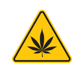 Vector yellow triangle sign - black silhouette marijuana leaf. Isolated on white background. 