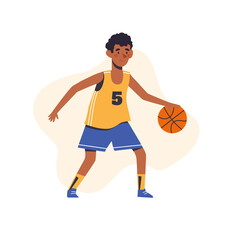 Little black boy plays basketball. Flat design concept with cute African American kid hitting the ball. Vector illustration isolated on white background