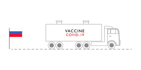 Big truck delivering russian vaccine for covid, coronavirus to other country. Concept vector illustration with Sputnic.