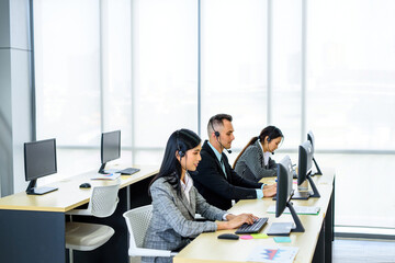 Wide Angle Office, PR and Customer Care Department Banner.Office worker wide angle And working strong Total team of 3 people Is working.