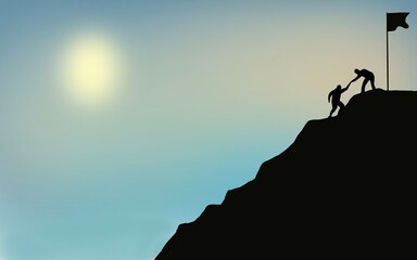 Climber helping his friend to climb to peak. Helping someone concept. Hand drawn illustration.