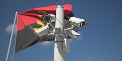 Naklejka na ściany i meble Security cameras near flag of Angola, 3d rendering