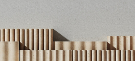 Mediterranean style mockup for product presentation. Beige terracotta flute panel on grey background. Clipping path of each element included. 3d rendering illustration.  © 3DJustincase