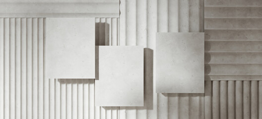 Mediterranean style mockup for product presentation. White terracotta platform on flute pattern panel. Clipping path of each element included. 3d rendering illustration.  © 3DJustincase